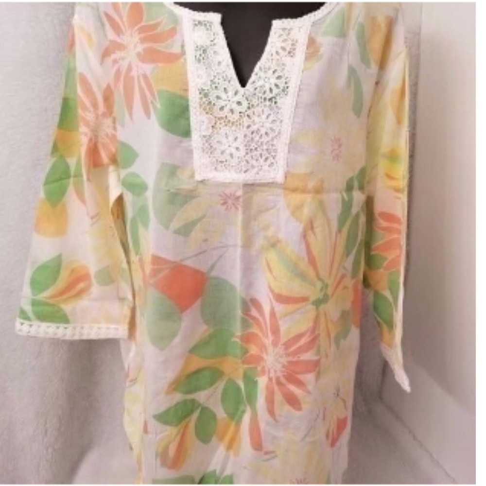 Blairl Tunic Blouse with Green and Peach Accents 100% cotton
